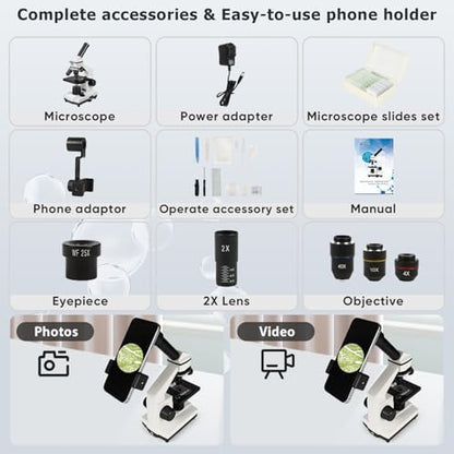 Microscope for Adults Professional:Compound Microscope for Kids 8-12,100X-2000X Kids Microscope Kit with Prepared Microscope Slides and Covers,Plant Stereo Microscopes for Kids Homeschool Lab