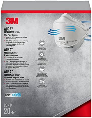 3M Aura Particulate N95 Respirator 9205+, Flat Fold Lightweight Design, Non-Valved, 20 Count (Pack of 1)