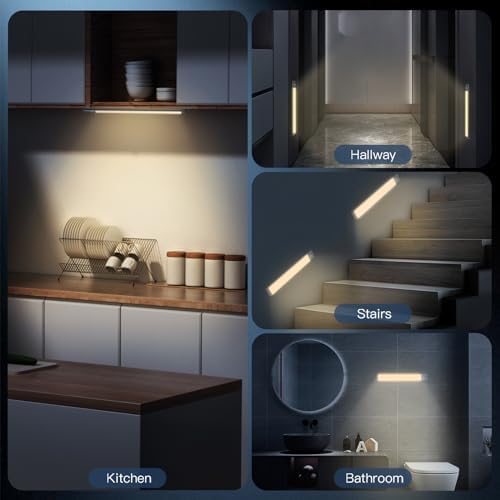 14.7inch Under Cabinet Lighting, 2 Pack Rechargeable Motion Sensor Light Indoor, 5 Levels Dimmable Magnetic Closet Lights, Wireless Under Counter Lights for Kitchen, Stairs,Hallway