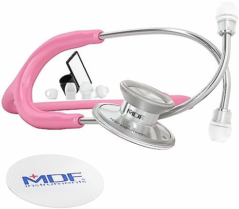 MDF Instruments, Acoustica Lightweight Stethoscope for Doctors, Nurses, Students, Home Health Use, Adult, Dual Head, Pink Tube, Silver Chestpiece-Headset, MDF747XP01
