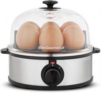Elite Gourmet EGC724SS Easy Electric Poacher, Omelet Eggs & Soft, Medium, Hard-Boiled Egg Boiler Cooker with Auto Shut-Off and Buzzer, Measuring Cup Included, BPA Free, 7, Stainless Steel
