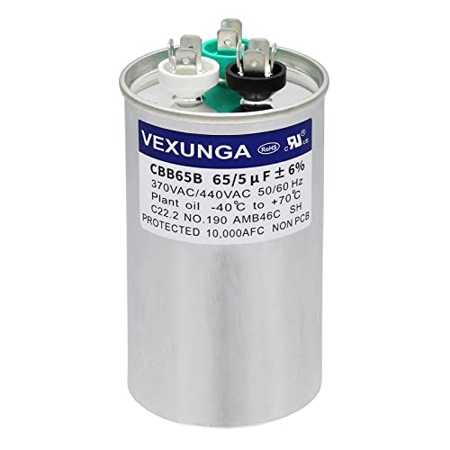 65/5 uF 65+5 MFD 370VAC or 440VAC Dual Run Start Round A/C Capacitor CBB65 CBB65B Air Conditioner Capacitors for AC Unit Fan Motor Start or Heat Pump or Condenser Straight Cool