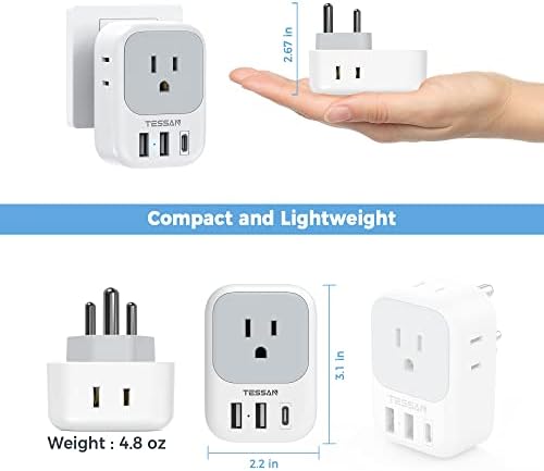 India Plug Adapter 2 Pack, TESSAN Type D Travel Adapter with 4 Outlets 3 USB Charger (1 USB C Port), US to Indian Outlet Adaptor for USA to Bangladesh, India, Kuwait, Maldives