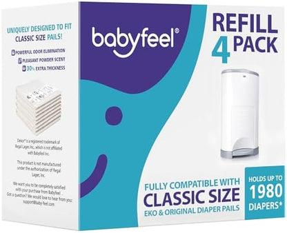 Babyfeel Refills Compatible with DEKOR CLASSIC Diaper Pails | 4 Pack | Exclusive 30% Extra Thickness | Diaper Pail Refills with Powerful Odor Elimination | Powder Scent | Holds up to 1980 Diapers
