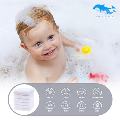 SWEET DOLPHIN 12 Pack Baby Muslin Washcloths - Soft Face Cloths for Newborn, Absorbent Bath Wash Cloths, Wipes, Burp Rag - Toddlers Essentials Stuff, Baby Registry as Shower -10"x10", White