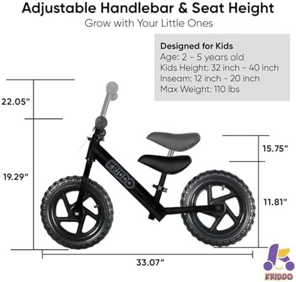 KRIDDO Toddler Balance Bike 2 Year Old, Age 24 Months to 5 Years Old, 12 Inch Push Bicycle with Customize Plate (3 Sets of Stickers Included), Steady Balancing, Gift Bike for 2-3 Boys Girls, Night
