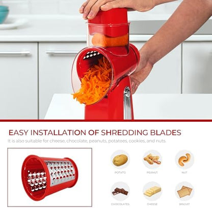 SUSTEAS Rotary Cheese Grater with Handle - Vegetable Shredder with 5 Well-designed Blades & Strong Suction Base,Round Mandoline Slicer & Food Chopper for Kitchen,with Blade Storage Box(Red)