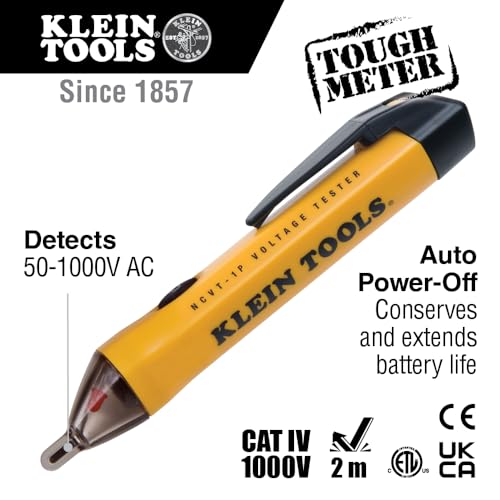 Klein Tools NCVT1P Voltage Tester, Non-Contact Low Voltage Tester Pen, 50V to 1000V AC, Audible and Flashing LED Alarms, Pocket Clip