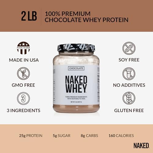 NAKED Whey Chocolate Protein Powder - Only 3 Ingredients - Grass Fed Whey Protein Powder, Organic Chocolate and Organic Coconut Sugar, No GMO, No Soy, and Gluten Free - 24 Servings