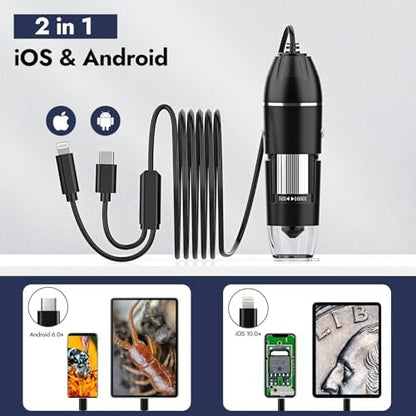 Digital Microscope - 50X-1600X Portable USB Microscope with Adjustable Stand, Compatible with iPhone, iPad, Android