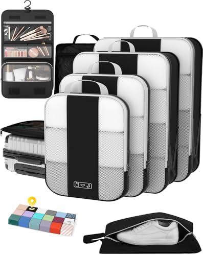 8 Set Compression Packing Cubes for Travel Essentials,Compressible Expandable Packing Cubes for Suitcase,OlarHike Luggage Organizer Bags for Travel,Handy Helper for Organizing Clothes(Black)