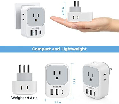TESSAN Israel Power Adapter, US to Israel Plug Adapter with 4 American Outlets 3 USB Charger (1 USB C Port), Type H Travel Adaptor for USA to Jerusalem