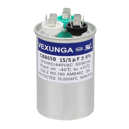 15/5 uF 15+5 MFD 370V or 440V Dual Run Start Round A/C Capacitor 15 5 uF 370 440 Volt VAC CBB65 Air Conditioner Capacitors for AC Unit Fan Motor Start or Heat Pump or Condenser Straight Cool