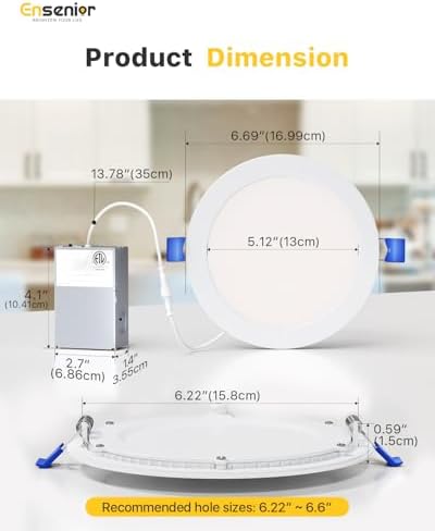 Ensenior 12 Pack 6 Inch LED Recessed Ceiling Light, Dimmable, 2700K-5000K 5CCT, 1200LM 12W 120V, High Brightness Canless Wafer Downlight - ETL&FCC&IC