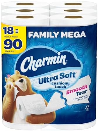 Charmin Ultra Soft Cushiony Touch Toilet Paper, 18 Family Mega Rolls = 90 Regular Rolls