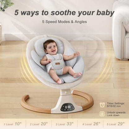 Baby Swings for Infants, Monamii Baby Swing, Bluetooth Infant Swing with Music Speaker, 5 Speeds and Remote Control, Indoor & Outdoor Use (Beige)