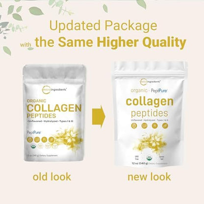 Micro Ingredients Collagen Peptides Powder Organic, 12oz | Type I & III + Natural Protein | Grass-Fed Bovine Source | Unflavored | Supports Skin, Joint & Bone Health | Paleo, Non-GMO