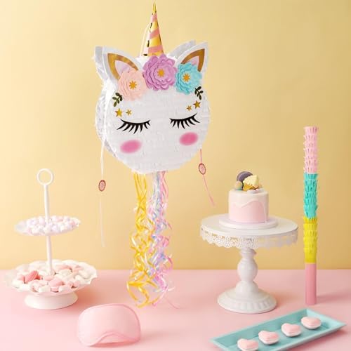 Foldable Unicorn Piñata - Unicorn Birthday Party Supplies Extendable Piñata with Blindfold Bat and Tassels Unicorn Birthday Party Decoration Games Folding Pink Unicorn Piñatas for Kids Classroom Game