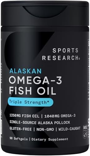 Sports Research Triple Strength Omega 3 Fish Oil - Burpless Fish Oil Supplement w/EPA & DHA Fatty Acids from Single-Source Wild Alaskan Pollock - 1250 mg, 90 ct