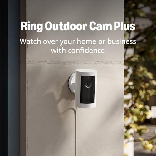 Introducing Ring Outdoor Cam Plus, Plug-In — Wide-Angle 2K Video with Ring Vision, Low-Light Sight for full-color night vision, Mount-anywhere versatility, White