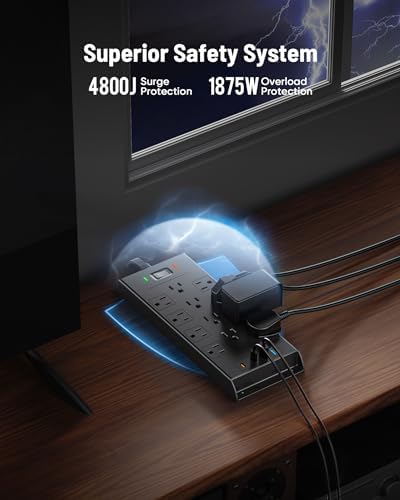 Surge Protector Power Strip 4800J, LeZone 10Ft Long Extension Cord Flat Plug, 12 Outlets 2 USB C 2 USB Ports, Wall Mountable, 20W Desk Charging Station, Black