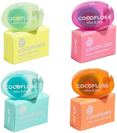 Cocofloss Woven Dental Floss, Travel Sampler, Dentist-Designed Oral Care with Coconut Oil, Waxed, Vegan, Kid-Friendly, 4 Minis in Mint, Coconut, Orange, Strawberry (8 yd Each)