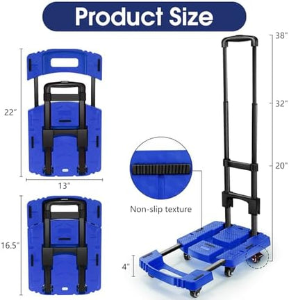 Folding Hand Truck 500lbs, Portable Heavy Duty Dolly Cart, 6 Wheels Collapsible Luggage Cart with 2 Elastic Ropes - Compact Trolley Cart for Easy Moving - Ideal Hand Cart for Travel and More