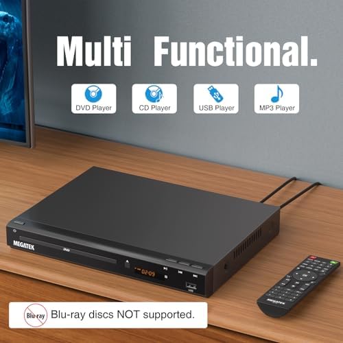 MEGATEK Region-Free HDMI DVD Player for TV, Compact CD/DVD Player for Smart TV, USB Port, Plays All Region DVDs & Multi Formats, Metal Housing, HDMI/RCA Cables & Remote Included