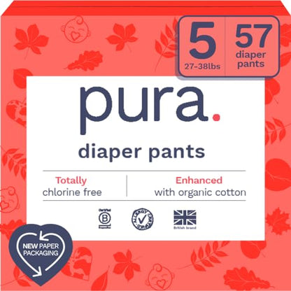Pura Hypoallergenic Diaper Pants Size 5 (27-38 lbs) Overnight, up to 12 Hours Leak Protection, Suitable for Sensitive Skin, Totally Chlorine Free, Soft Organic Cotton, 3 packs of 19 (57 Pull Up Pants)