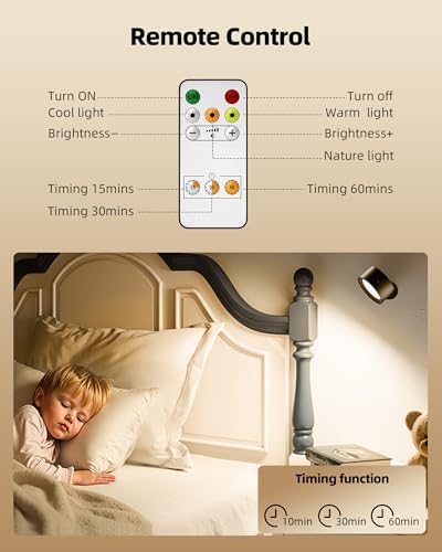 LED Wall Mounted Lights, Rechargeable Wall Sconces Lamp, 3 Color Temps & Remote and Touch, 360°Rotation Dimmable Cordless Wall Light for Study Bedroom Reading Bedside(Black, 2 Pack)