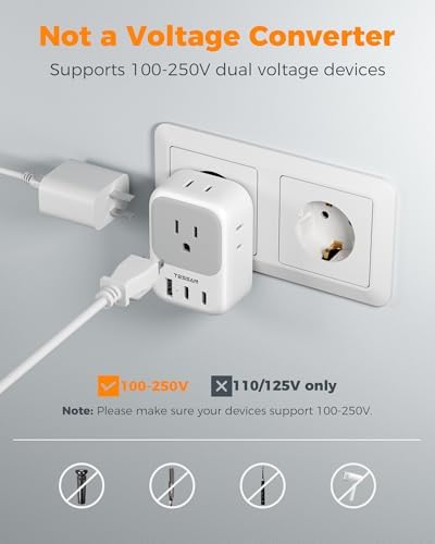 2 Pack European Travel Plug Adapter, TESSAN US to Europe Plug Adapter with 4 Electrical Outlets 3 USB Ports (2 USB C), Type C Power Adaptor for EU International Italy Iceland Spain France Germany