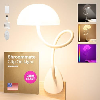 Shroommate Clip On Light and Bed Headboard Lamp, Bedside Table Lamp for Dorm, College Dorm Room Essentials, Night Light for Kids Nursery, Clip on for Desk, MultiColor LEDs, Adapter Included (White)