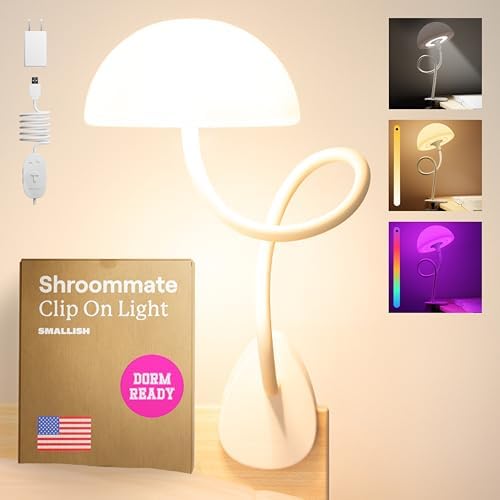 Shroommate Clip On Light and Bed Headboard Lamp, Bedside Table Lamp for Dorm, College Dorm Room Essentials, Night Light for Kids Nursery, Clip on for Desk, MultiColor LEDs, Adapter Included (White)