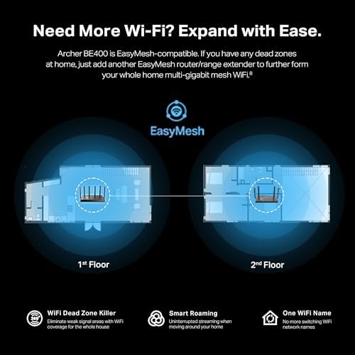 TP-Link Archer BE6500 Dual-Band Wi-Fi 7 Router (Archer BE400) | Dual 2.5 Gbps Ports USB 3.0 | Covers up to 2,400 Sq. ft and 90 Devices | Quad-core CPU| HomeShield, Private IoT, Free Expert Support