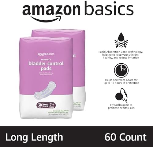 Amazon Basics Incontinence Pads for Women Long, Bladder Control, Postpartum, Ultimate Absorbency, Unscented, 60 Count (2 Packs of 30)