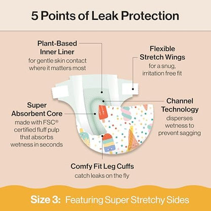 The Honest Company Clean Conscious Diapers for Delicate Skin | Up to 100% Leakproof | Hypoallergenic, Fragrance Free | Summer '25 Limited Edition Prints | Club Box, Size 3 (16-28 lbs), 62 Count