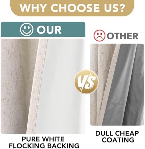H.VERSAILTEX Linen 100% Blackout Curtains for Bedroom Full Light Blocking Curtains, Textured Window Curtain for Living Room 84 inch Grommet, Energy Efficient Curtains White Liner(2 Panels, Natural)