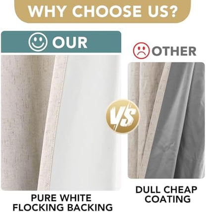 H.VERSAILTEX Linen 100% Blackout Curtains for Bedroom Full Light Blocking Curtains, Textured Window Curtain for Living Room 84 inch Grommet, Energy Efficient Curtains White Liner(2 Panels, Natural)