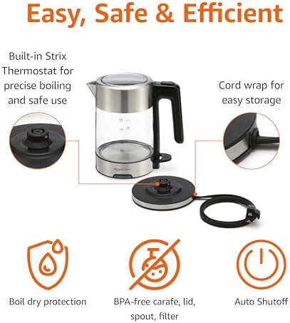 Amazon Basics Electric Kettle with Glass Carafe for Tea and Coffee, BPA-Free, Fast Boiling, Auto Shut-Off, 1.1 Quarts, 1500W, Glass and Steel