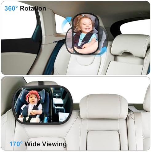 Baby Car Mirror, Safety Car Seat Mirror for Rear Facing Infant, Clear Wide View, 360°Rotation, Easily Observe the Baby Move, Secure, Shatterproof, Crash Tested and Certified (2-Pack)