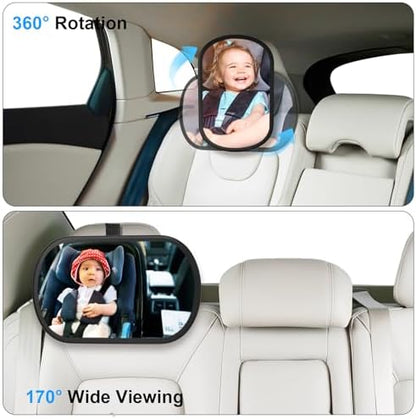 Baby Car Mirror, Safety Car Seat Mirror for Rear Facing Infant, Clear Wide View, 360°Rotation, Easily Observe the Baby Move, Secure, Shatterproof, Crash Tested and Certified (2-Pack)