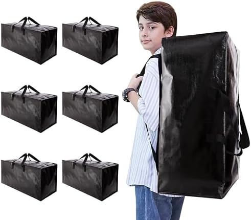 Heavy Duty Moving Bags with Backpack Straps and Strong Handles, Alternative to Moving Boxes and Storage Totes for Dorm Room Essentials, 6 Pack, Black