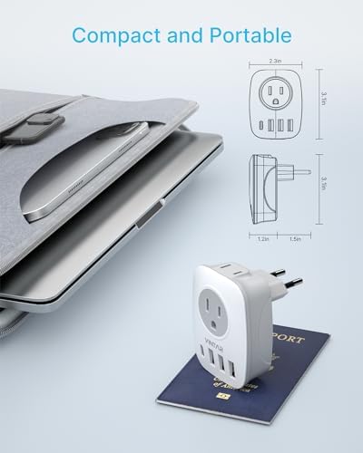 2 Pack European Travel Plug Adapter, VINTAR International Power Plug Adapter with 1 USB C, 2 American Outlets and 3 USB Ports, 6 in 1 Travel Essentials to Most of Europe Greece, Italy(Type C)