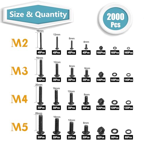Kadrick Metric Screw Assortment, 2000PCS Metric Bolt Assortment Kit M2 M3 M4 M5 Machine Screws with Lock & Flat Washers, Grade 10.9 Alloy Steel Hex Socket Button Head Black Screws Nuts and Bolts Kit