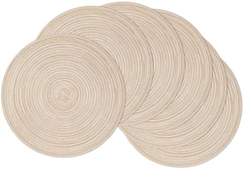 SHACOS 15 inch Round Braided Placemats Set of 6 Non Slip Heat Resistant Cotton Polyester Table Mats Washable Place Mats for Dinner Party Table Decoration (Beige, 6)