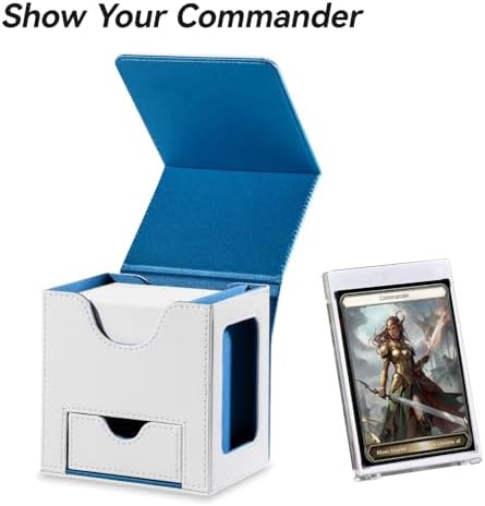 Card Deck Box for MTG Commander - Patented Design, Commander Display, Fits 100 Double-Sleeved Cards, 35pt Card Brick & Dice Tray - White/Blue