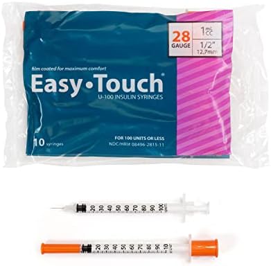 Easy Touch U-100 Insulin Syringe with Needle, 28G 1cc 1/2-Inch (12.7mm), Box of 100
