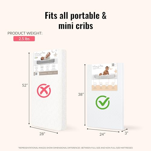 Dream On Me Holly 3” Mini/Portable Crib Mattress, Greenguard Gold & JPMA Certified, Fits All Portable & Mini Cribs, Lightweight Fiber Core, Waterproof Vinyl Cover, Easy to Clean