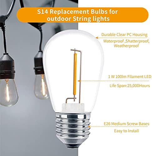 Meconard 24 Pack LED S14 Replacement Light Bulbs, Shatterproof Outdoor 1 Watt to Replace 11Watts String Incandescent Bulb, E26 Regular Medium Screw Base, 2200K Warm White, Non-Dimmable