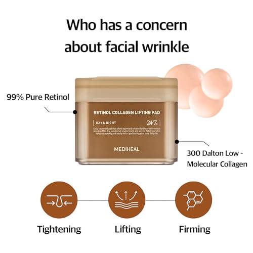 MEDIHEAL Retinol Collagen Lifting Pad - Vegan Face Hypoallergenic Pads with Retinol, Collagen - Lifting Pads for Enhancing Skin Texture Firmness 100 Pads